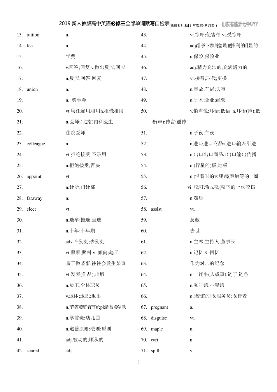 2019新人教版高中英语必修三全部单词默写自检表+答案(必修三词汇表)_第3页