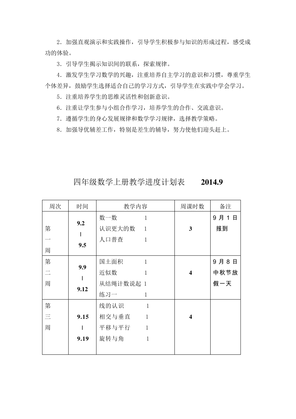 2019新版北师大版小学数学四年级上册教学计划及进度安排_第3页