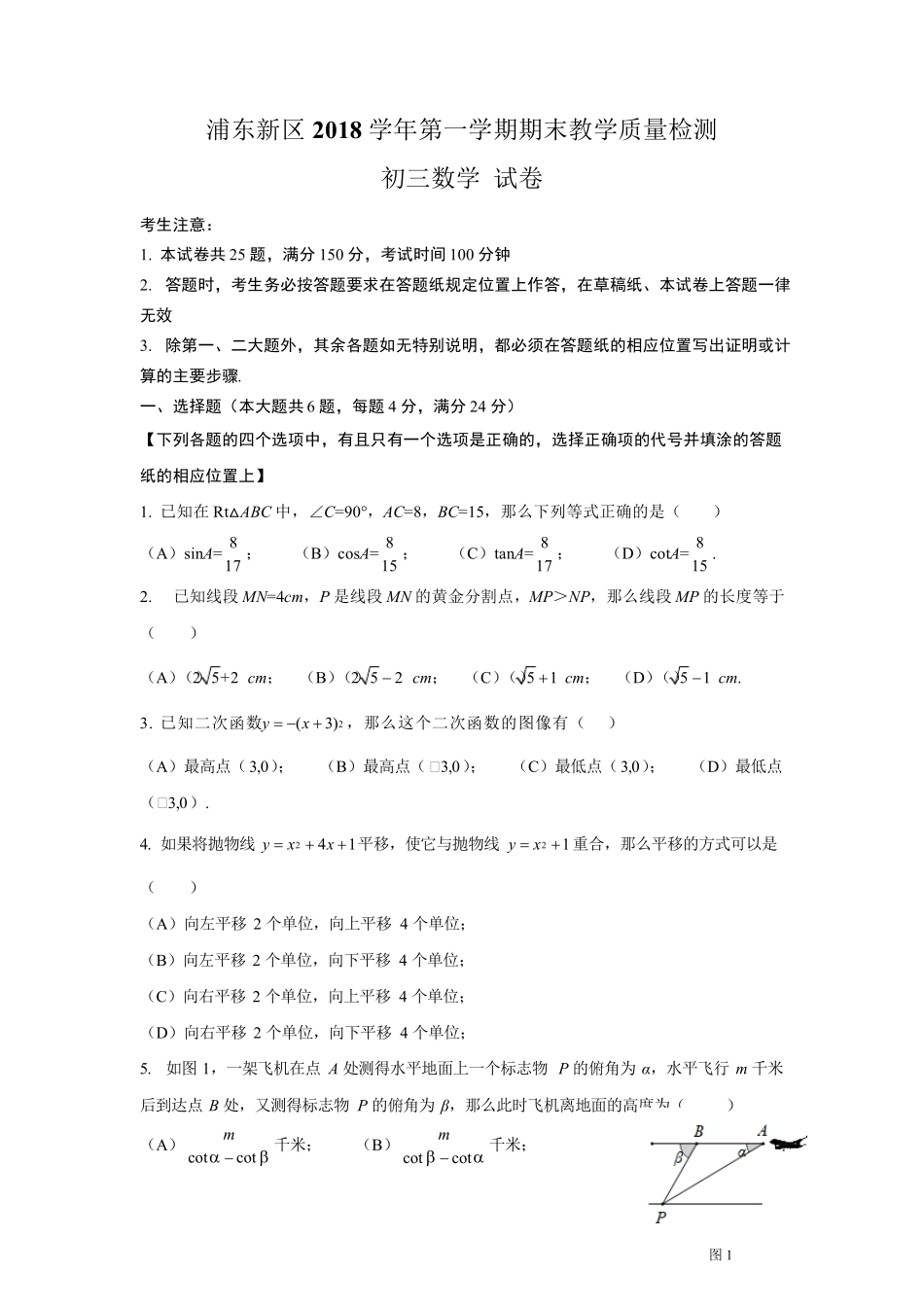 2019浦东新区初三数学一模及答案_第1页