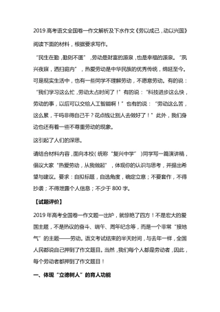 2019高考语文全国卷一作文解析及下水作文《劳以成己,动以兴国》