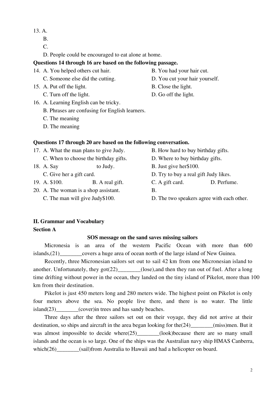 2020~2021年宝山区高三英语一模试卷_第2页