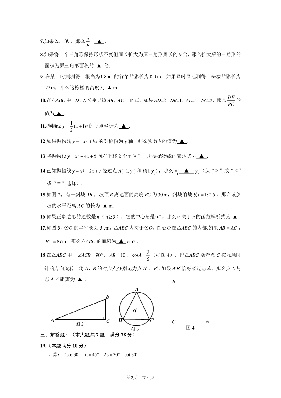 2020上海市嘉定区初三数学一模试卷及详解答案(WORD版)_第2页