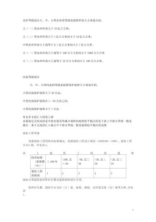 水利水工等级分类、水库等级、河流等级、堤防等级、拦河闸等级、河道等级、渠道等级、降雨量等级