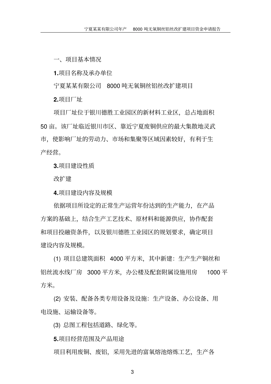 某某有限公司8000吨无氧铜丝铝丝改扩建项目资金申请报告_第3页