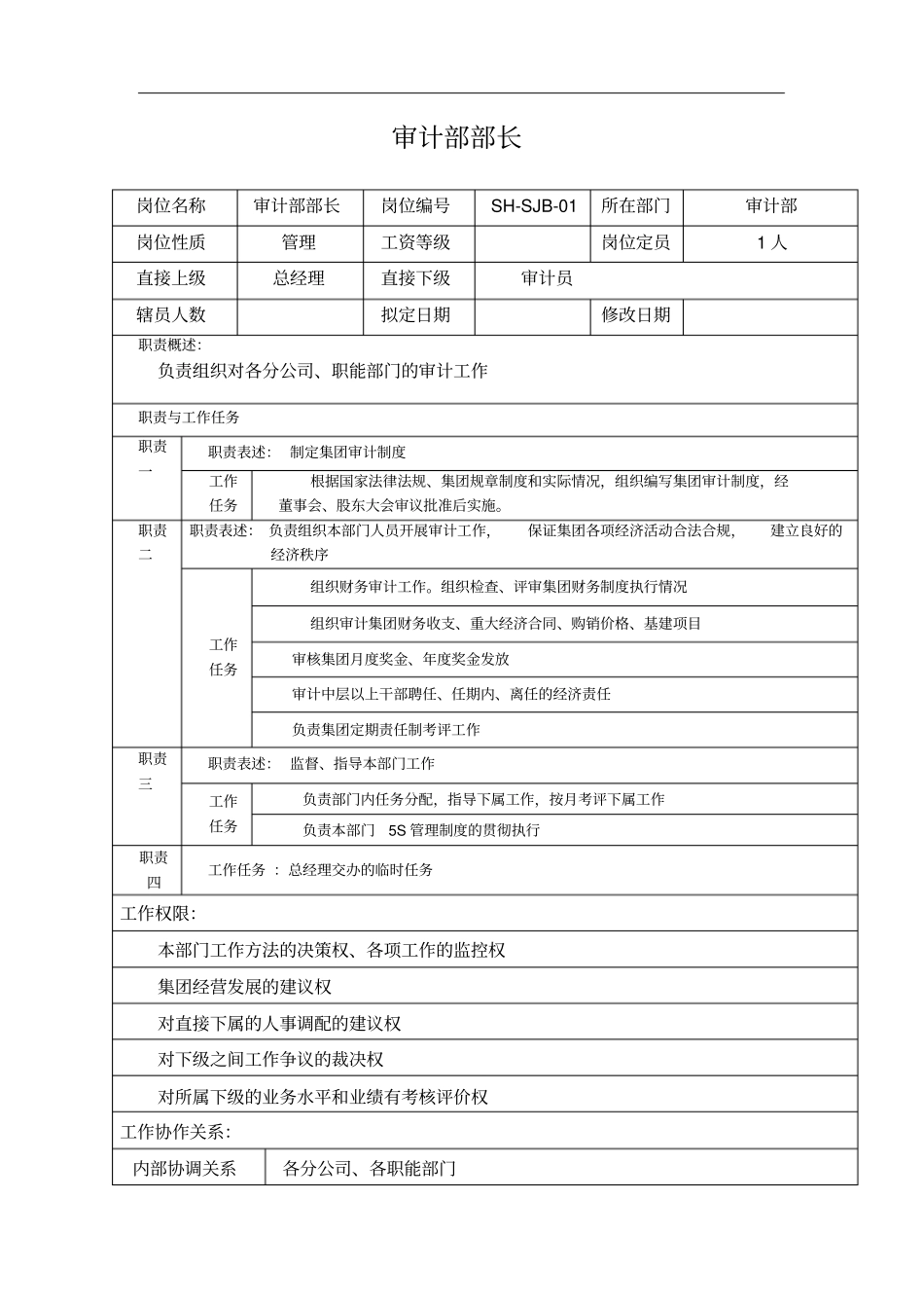 某汽车集团审计部审计部长岗位说明书_第1页