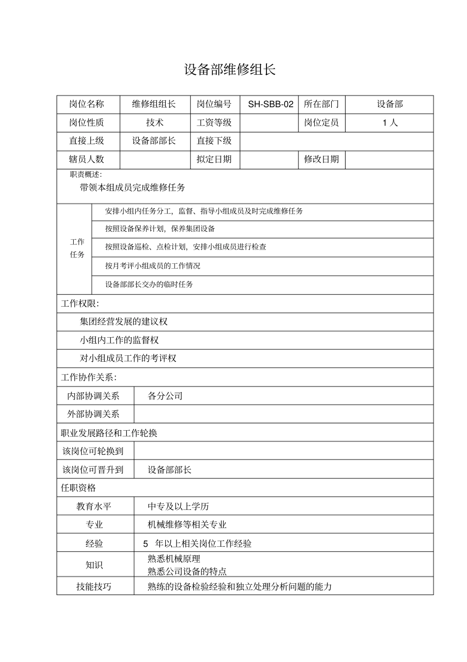 某汽车集团设备部维修组长岗位说明书_第1页