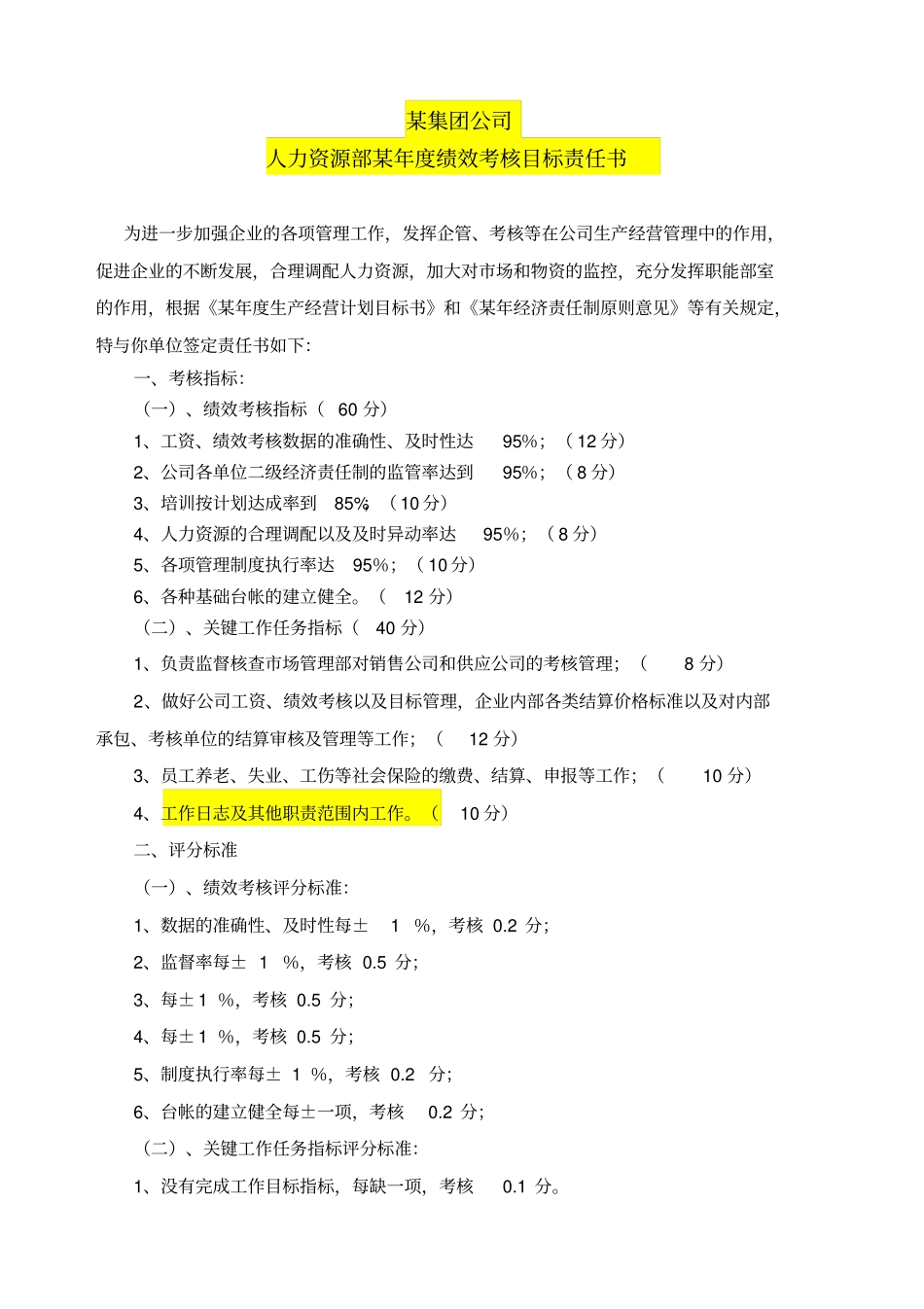 某集团公司各部门年绩效考核目标责任书推荐_第1页