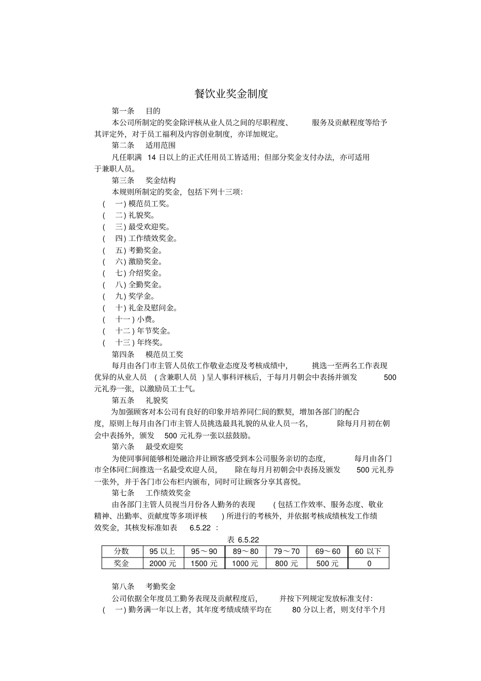 某餐饮业奖金管理制度_第1页