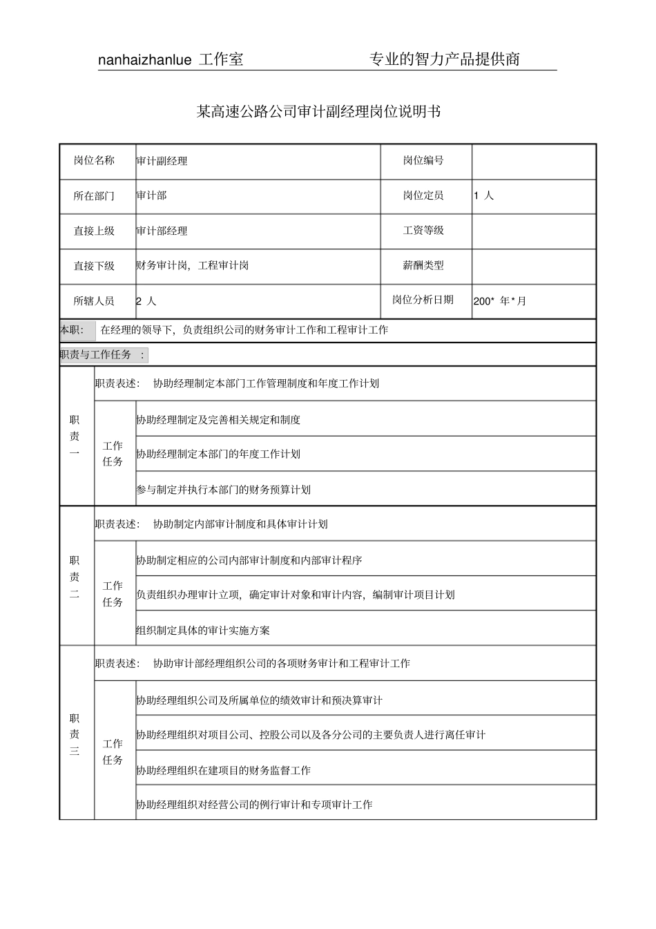 某高速公路公司审计副经理岗位说明书_第1页