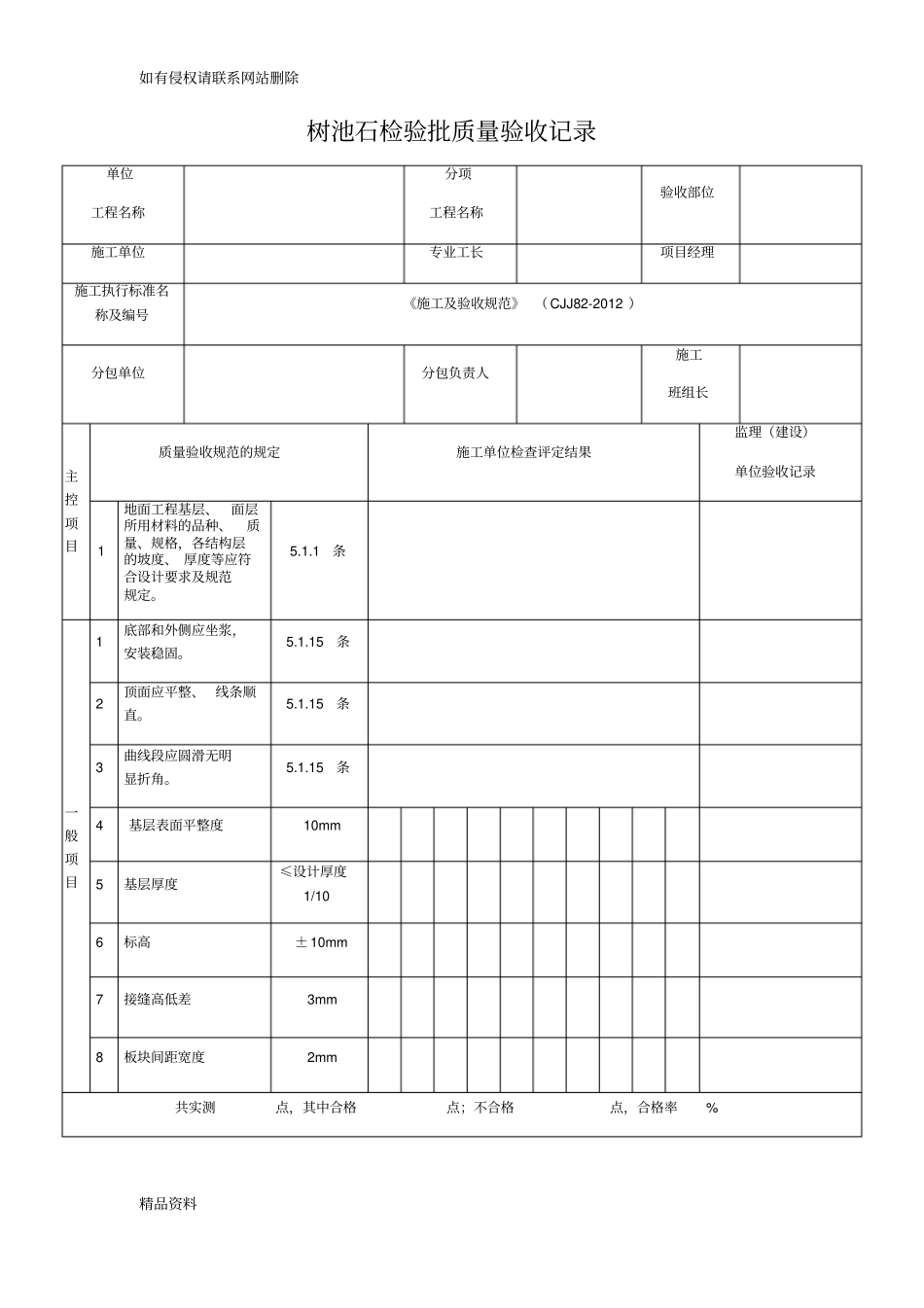 树池石检验批质量验收记录复习过程_第1页