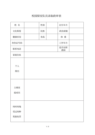 校园保安队员录取政审表