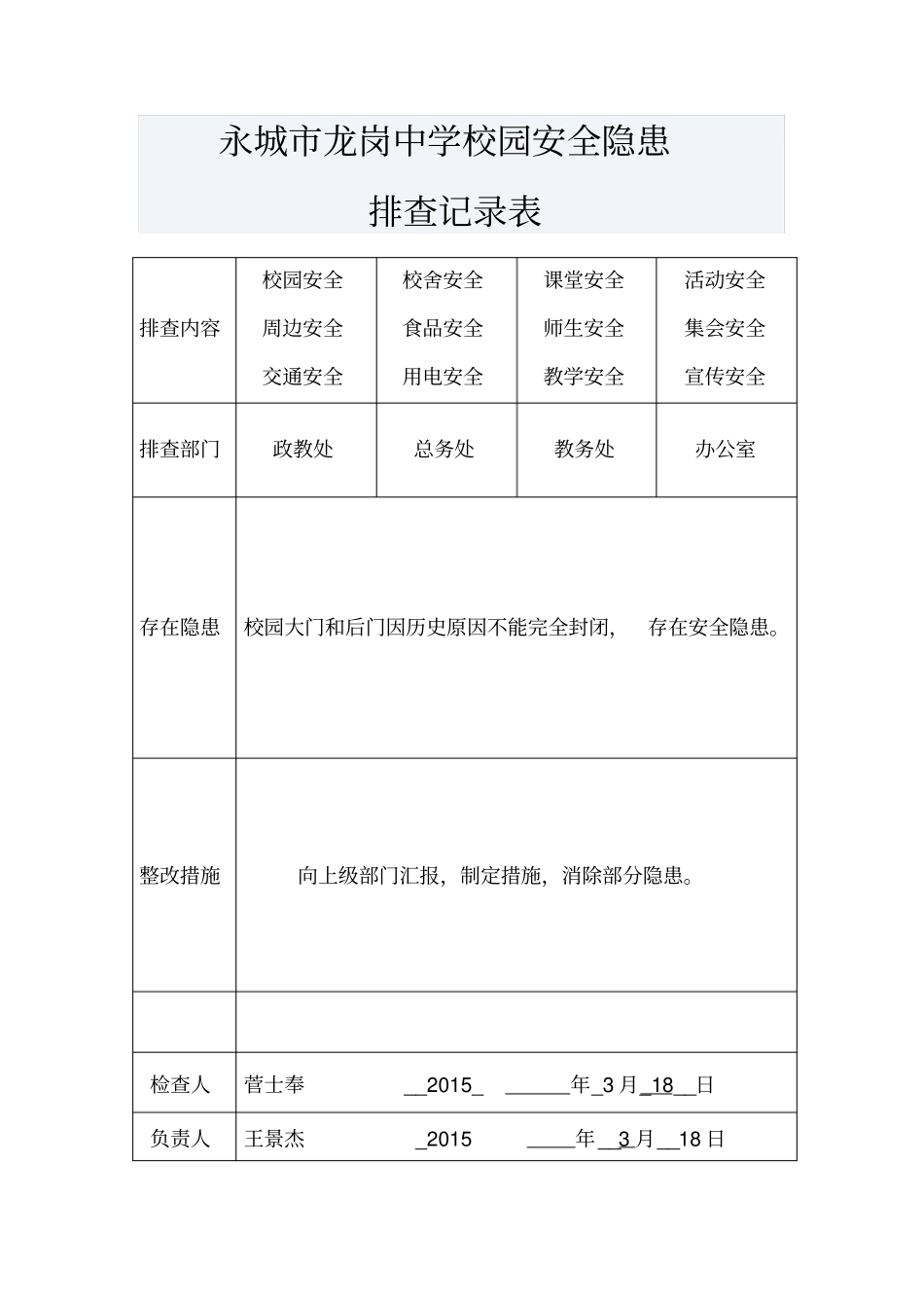 校园安全隐患排查记录表_第1页