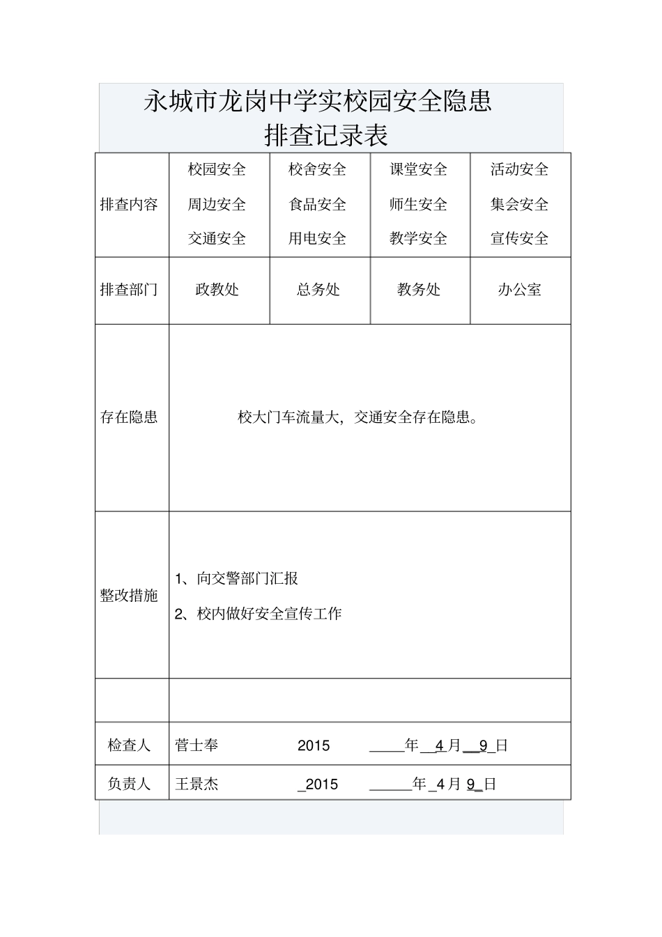 校园安全隐患排查记录表_第2页