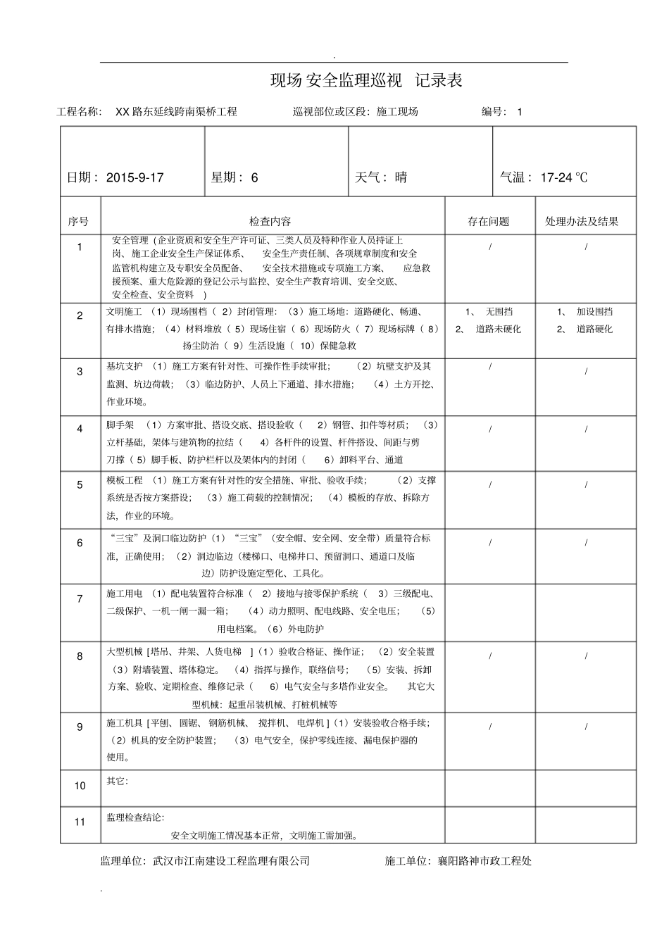 桥梁工程现场安全监理巡视记录表_第1页