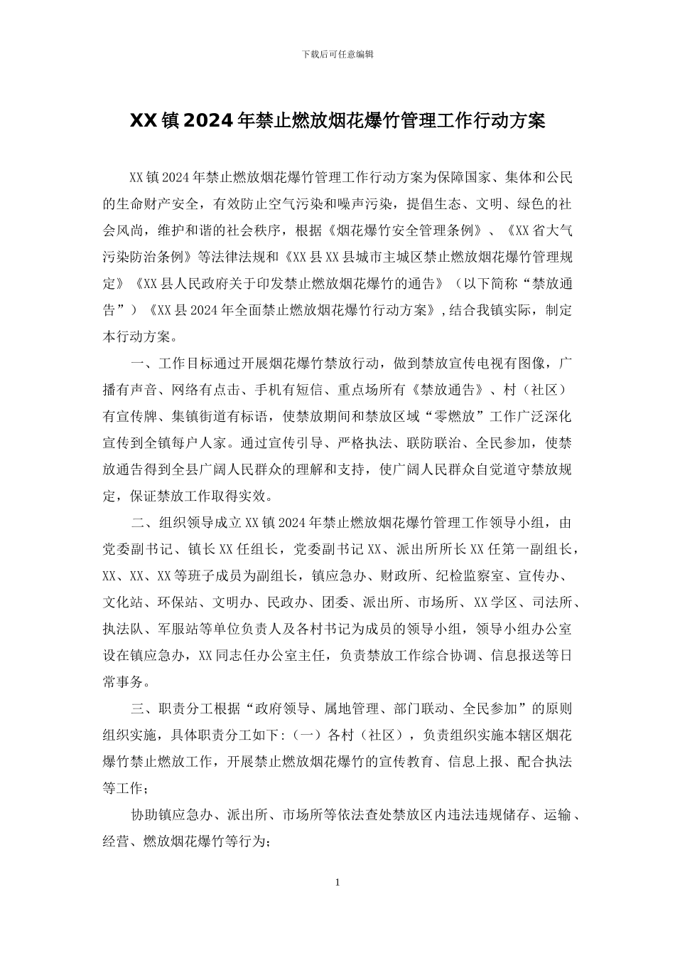 XX镇2024年禁止燃放烟花爆竹管理工作行动方案_第1页