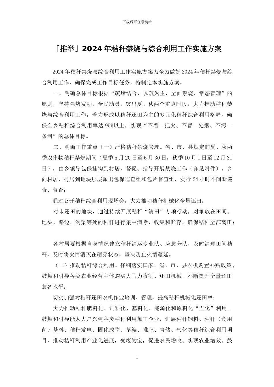 「推荐」2024年秸秆禁烧与综合利用工作实施方案_第1页