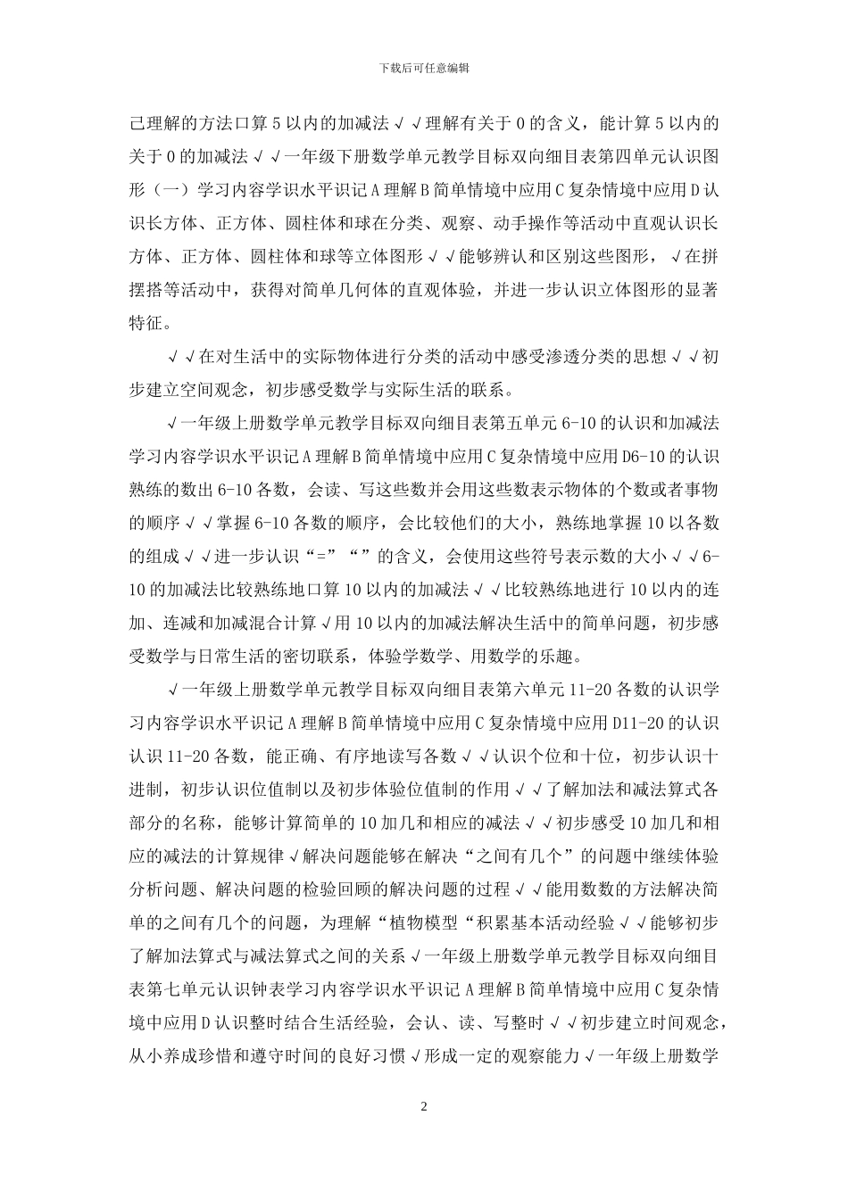 一年级上册数学全册教学目标双向细目表_第2页