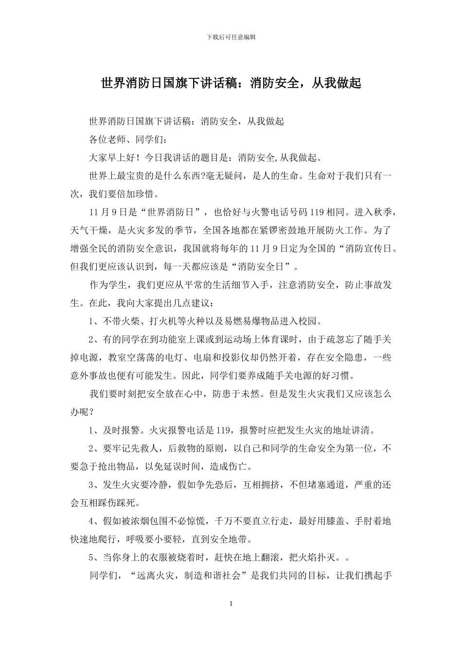 世界消防日国旗下讲话稿：消防安全-从我做起_第1页