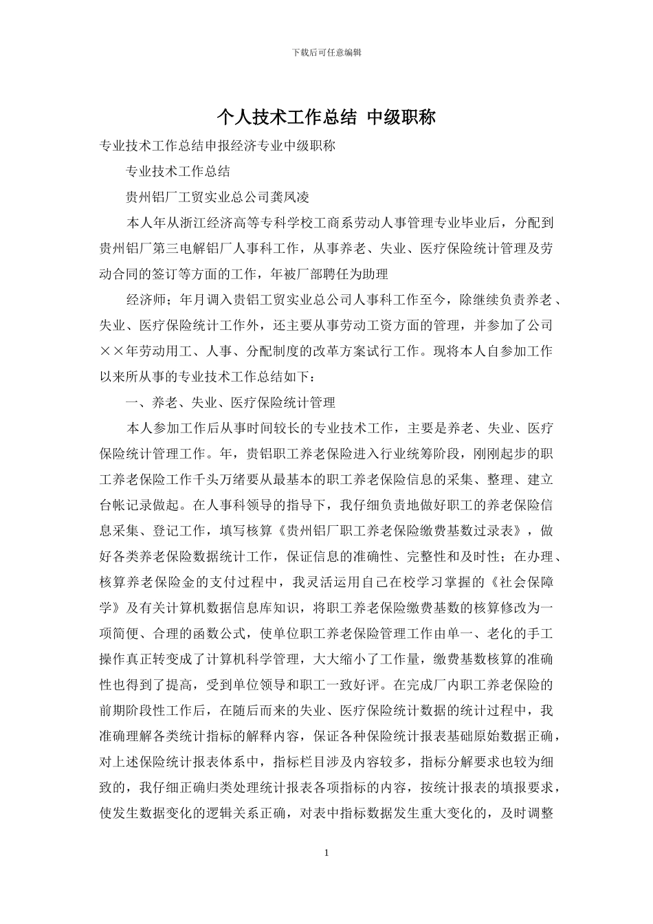 个人技术工作总结-中级职称_第1页