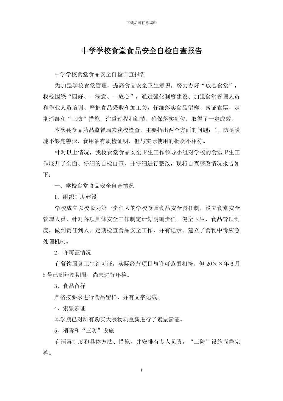 中学学校食堂食品安全自检自查报告_第1页