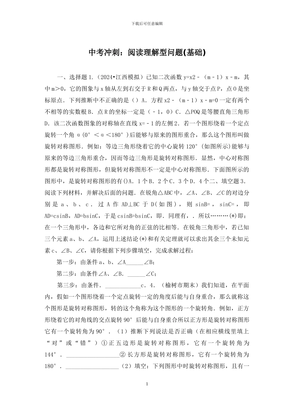 中考冲刺：阅读理解型问题_第1页