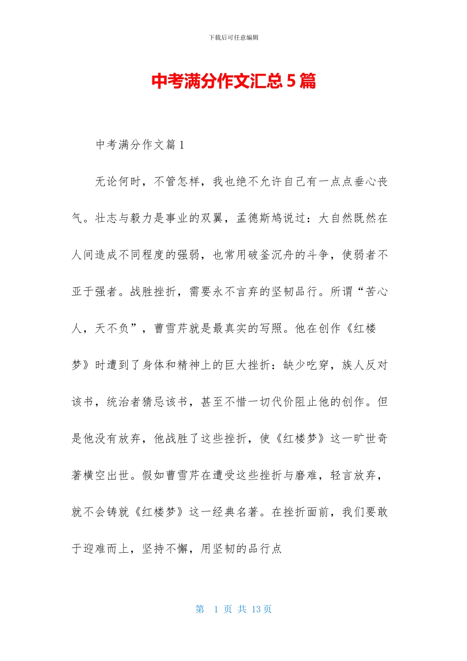 中考满分作文汇总5篇-1_第1页