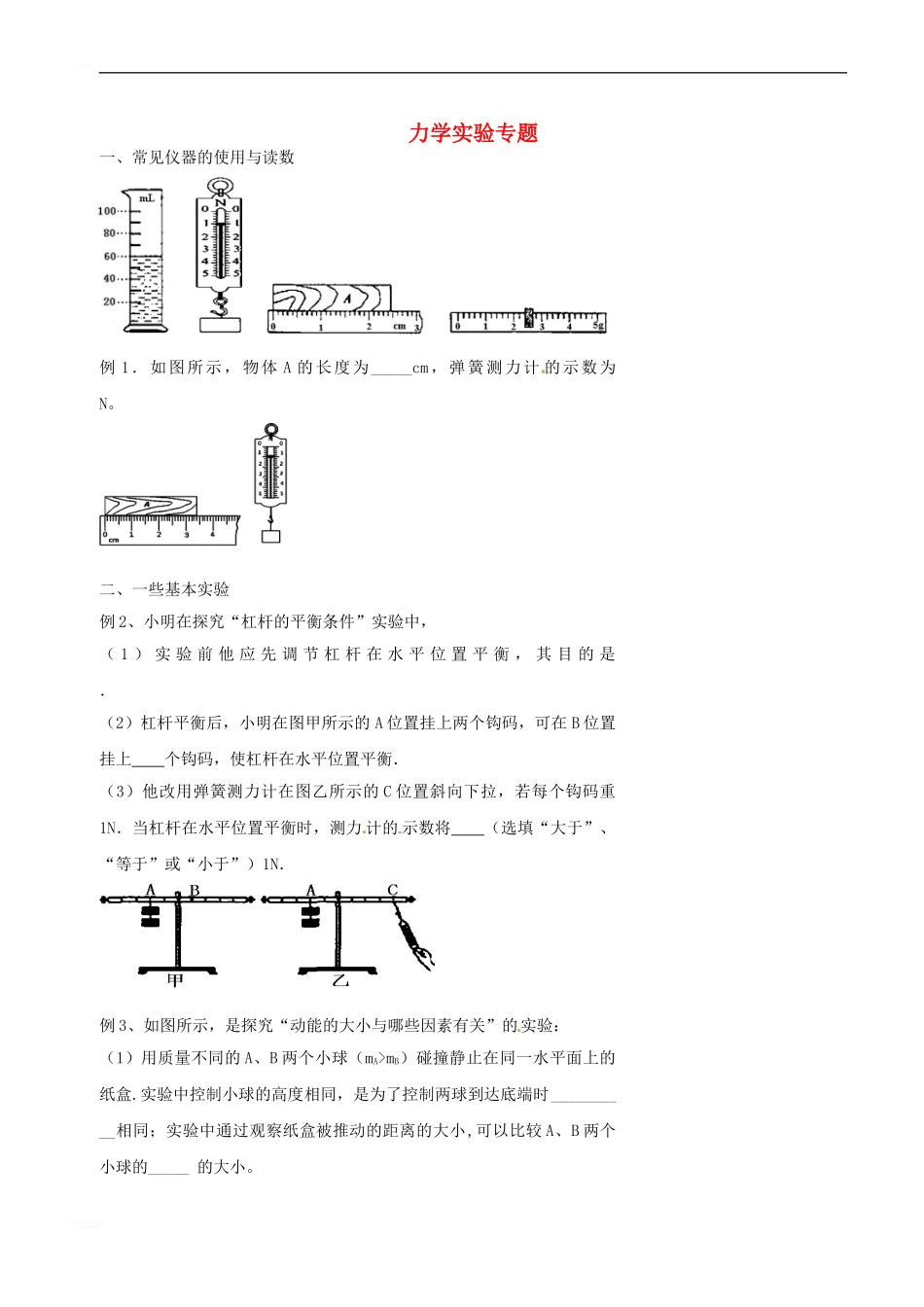 中考物理冲刺复习-力学实验专题_第1页