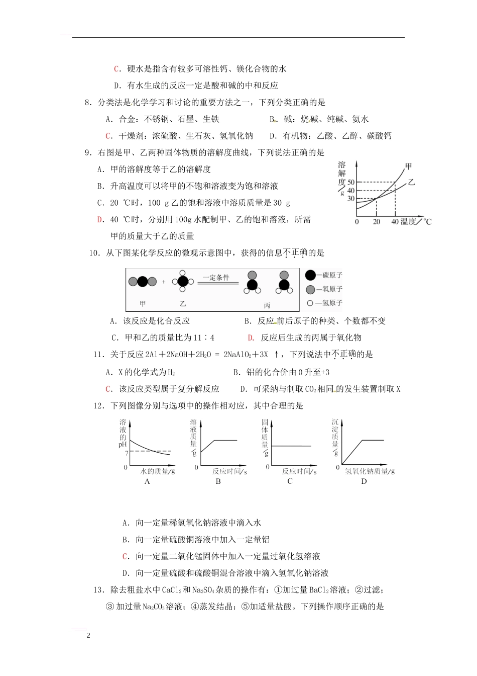 九年级化学中招第二次模拟试题_第2页