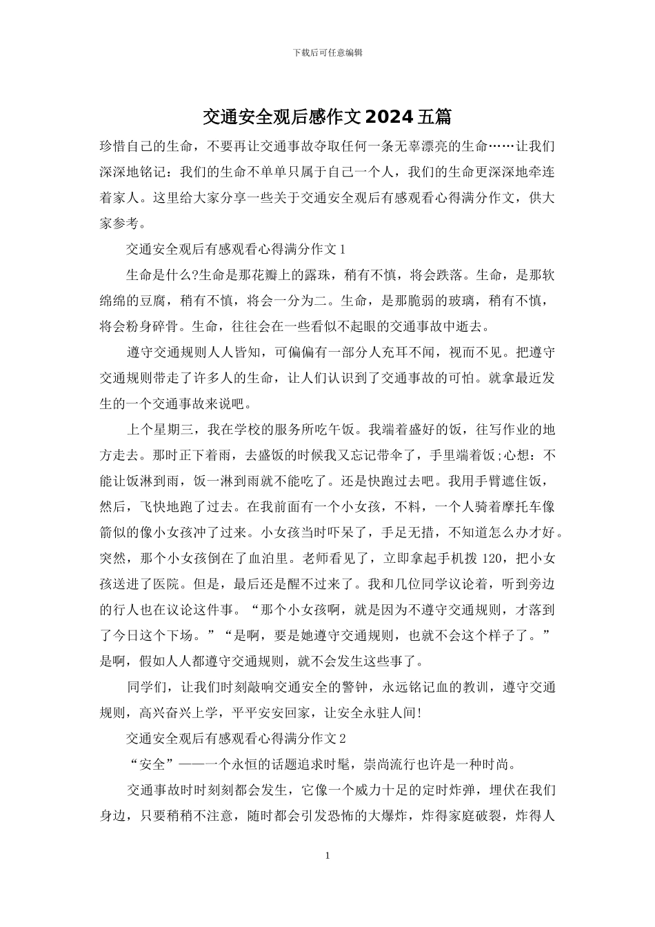 交通安全观后感作文2024五篇_第1页
