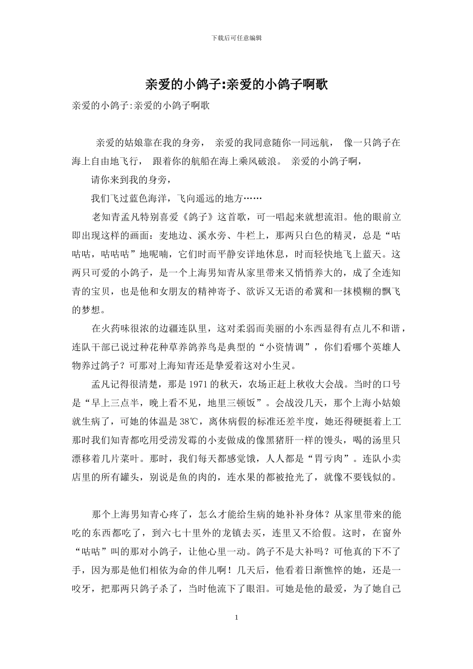 亲爱的小鸽子-亲爱的小鸽子啊歌_第1页