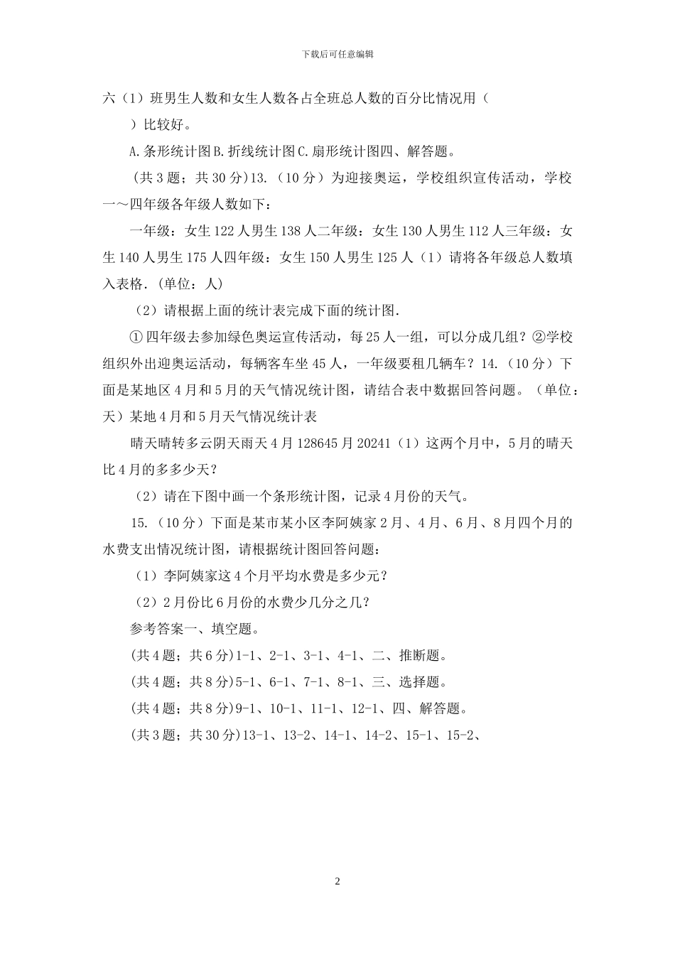 人教版小学数学五年级下册第七单元折线统计图同步练习_第2页