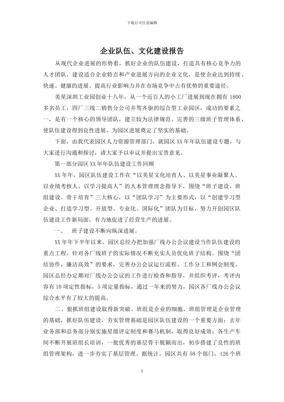 企业队伍、文化建设报告_第1页