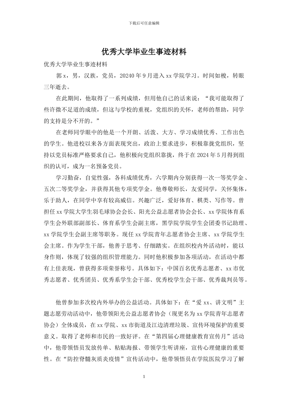 优秀大学毕业生事迹材料_第1页