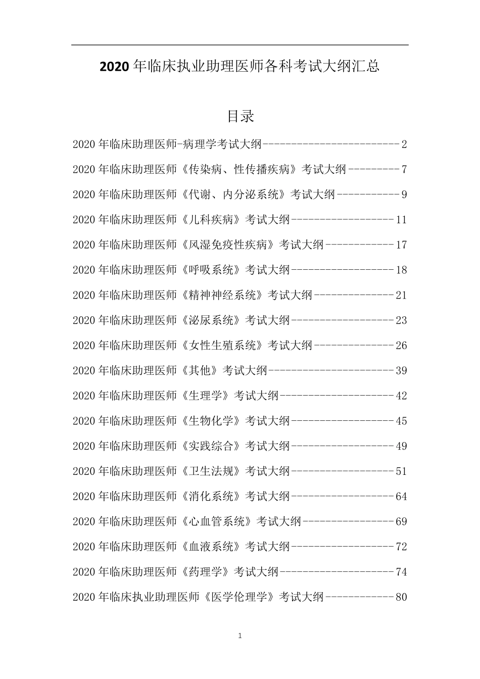 2020年临床执业助理医师各科考试大纲汇总_第1页