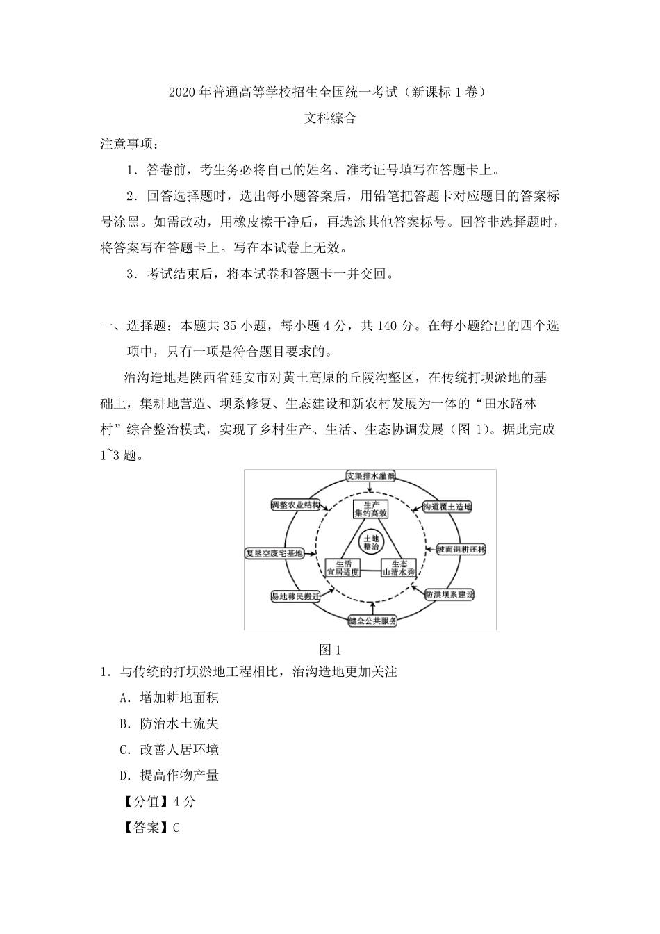2020年全国I卷文综真题及答案_第1页
