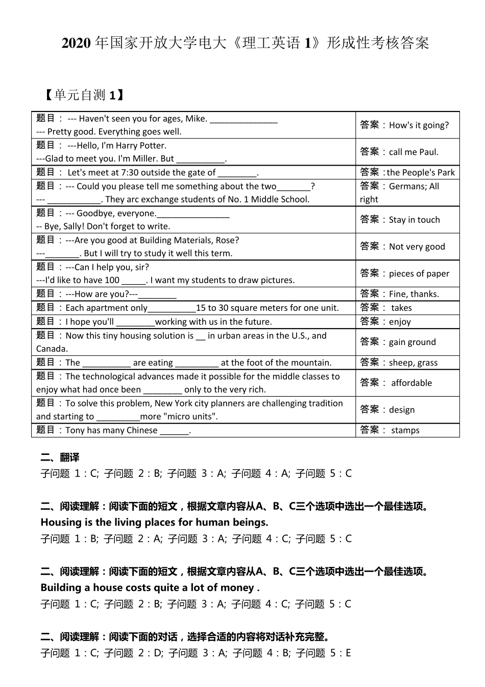 2020年国家开放大学电大《理工英语1》形成性考核答案_第1页