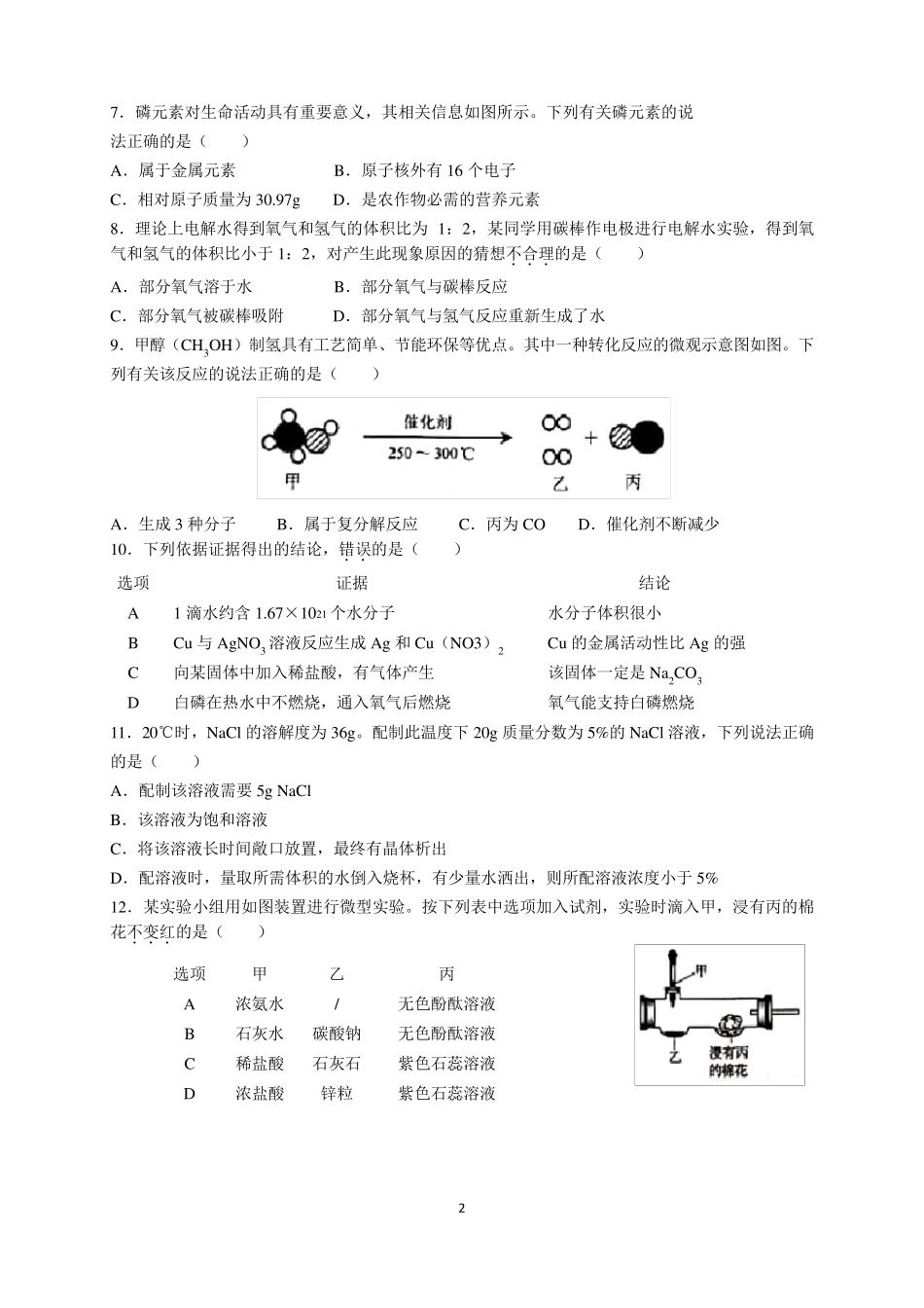 2020年安徽省中考化学试题及参考答案(word解析版)_第2页