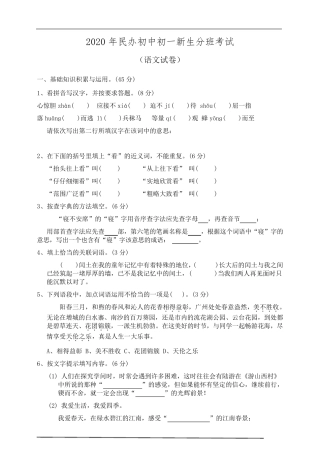 2020年民办中学小升初一新生分班考试语文数学整套试卷及答案