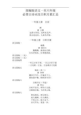 2020年部编(统编)语文一至六年级年级全册必背古诗及日积月累汇总