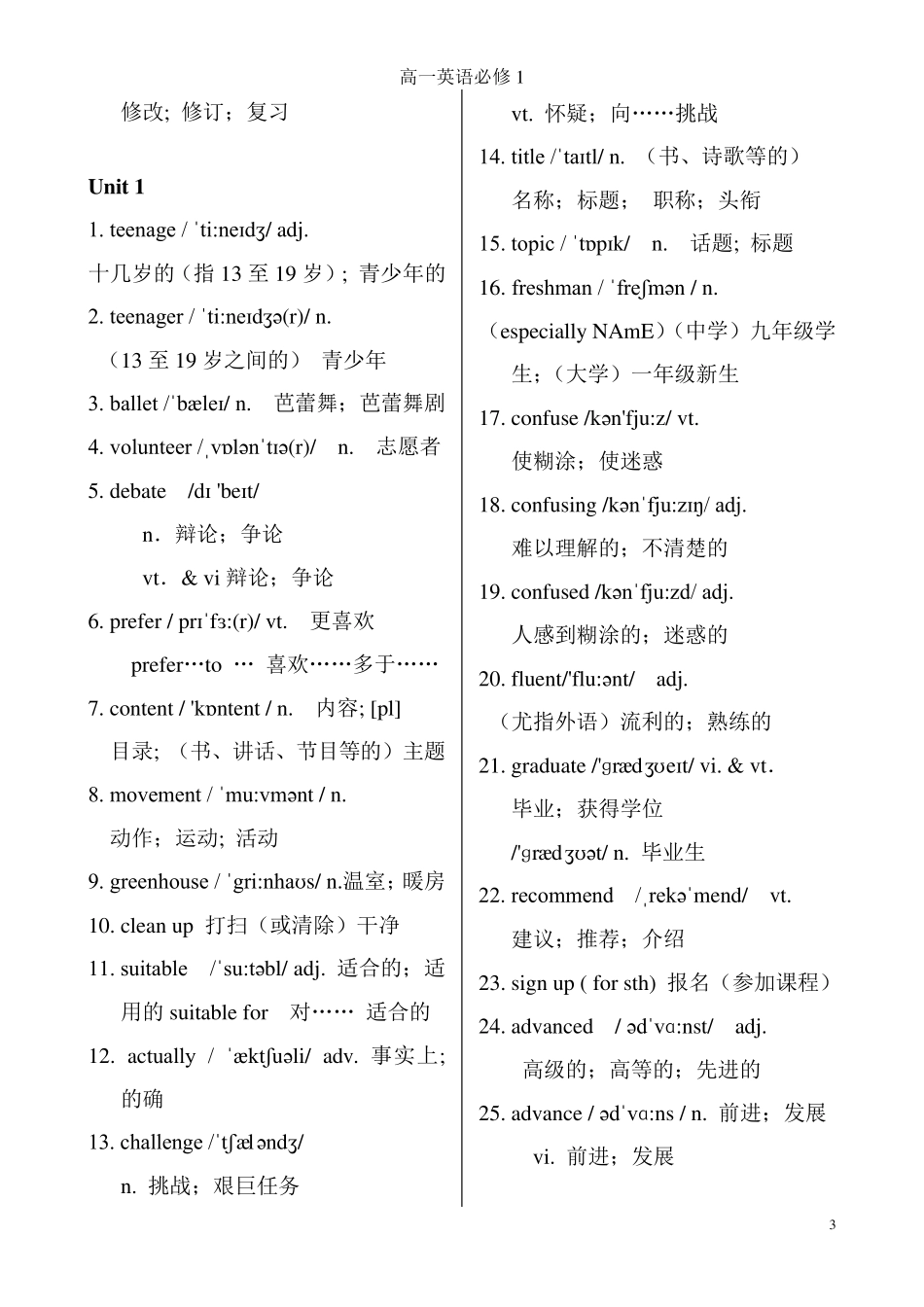 2020新人教版高一英语必修一单词表_第3页