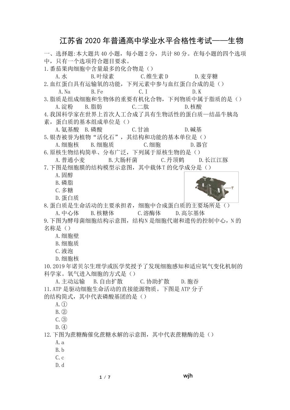 2020江苏生生物合格性考试试题_第1页