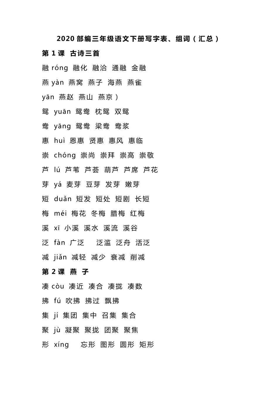 2020部编三年级语文下册写字表、组词(汇总)_第1页