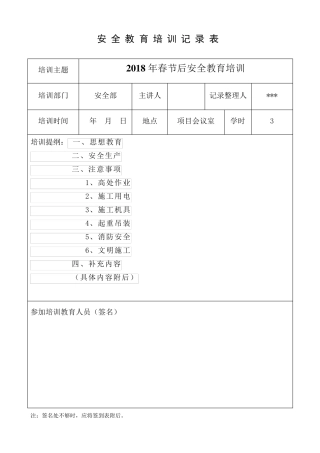 2021年春节后复工安全教育培训内容记录最新