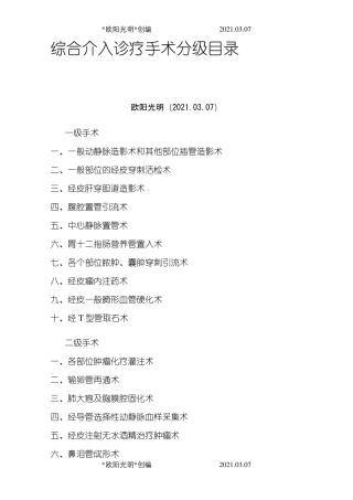 2021年综合介入诊疗手术分级目录