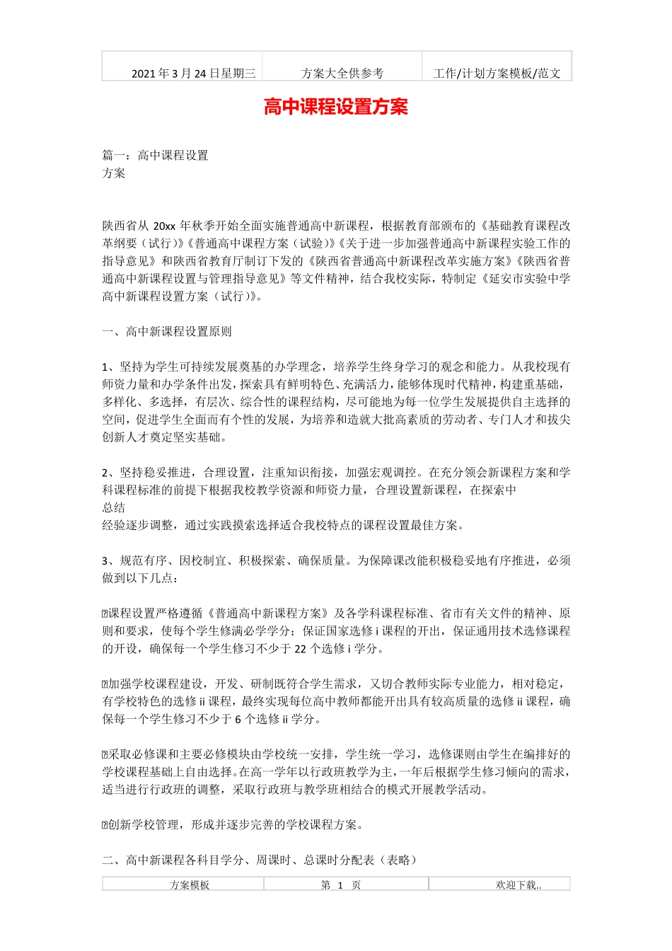2021年高中课程设置方案新_第1页