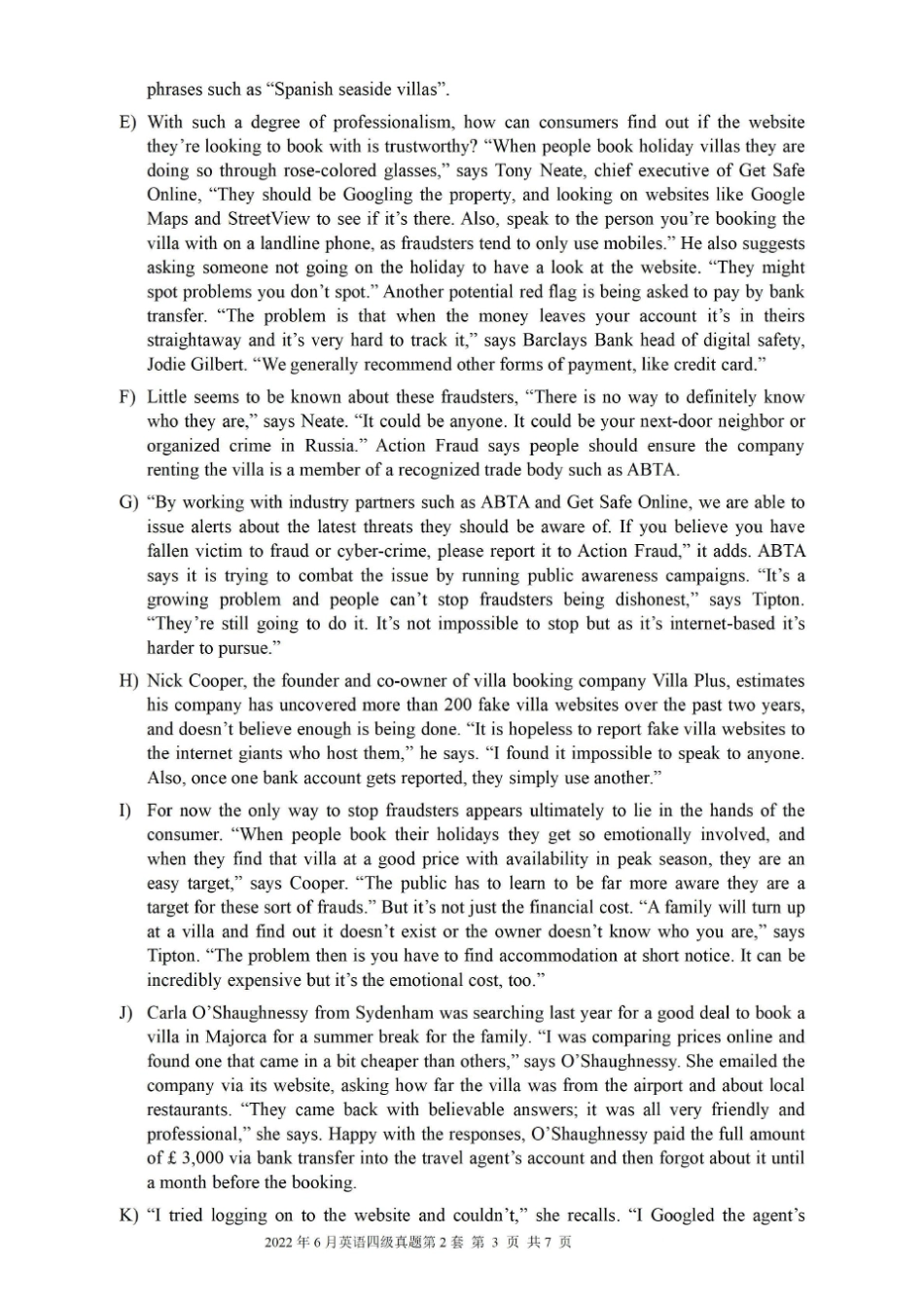 2022年6月英语四级考试真题及答案解析第2套_第3页