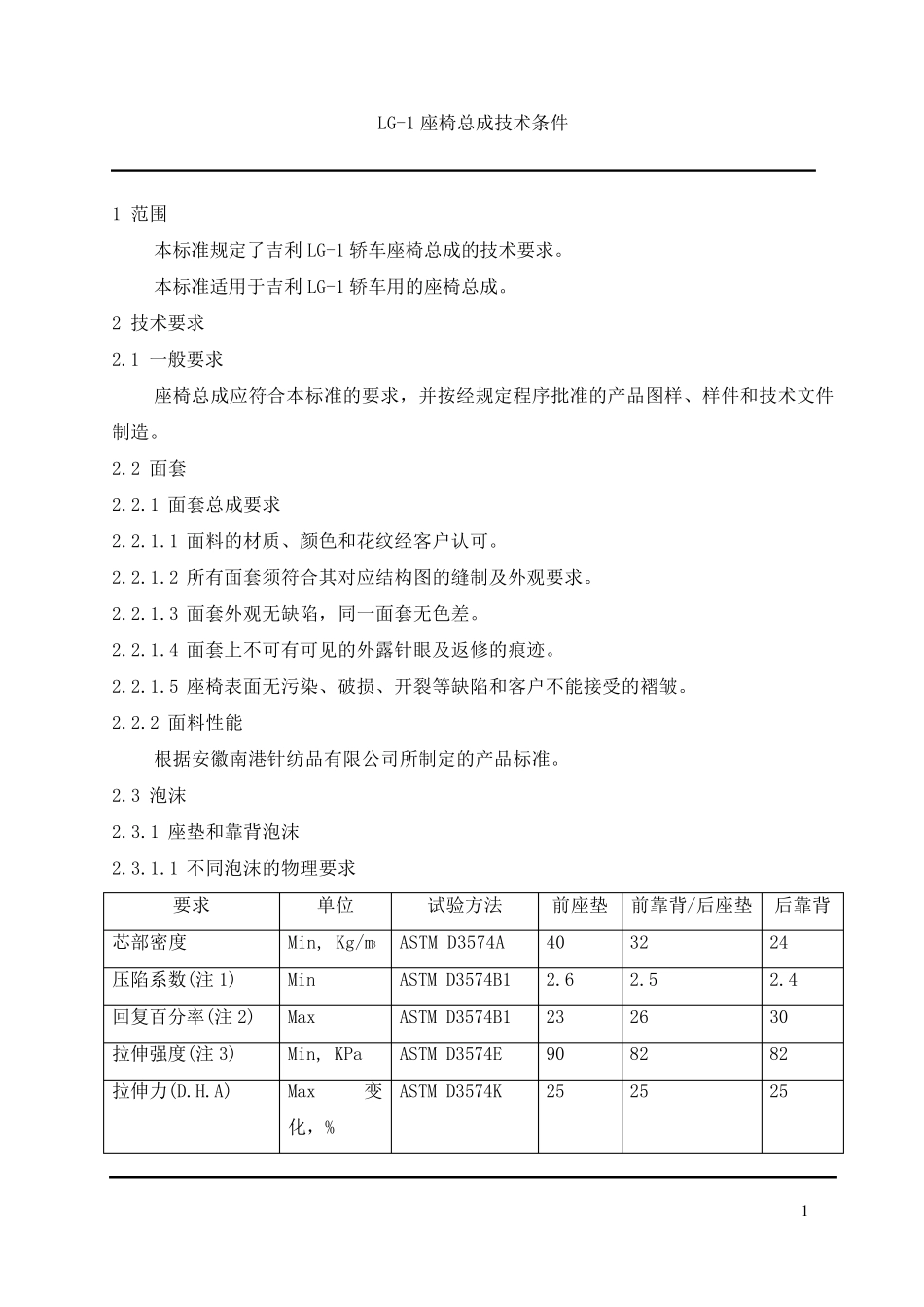 LG1座椅总成技术条件_第1页