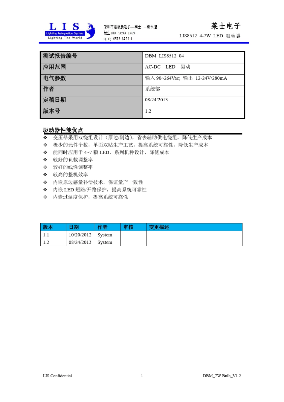 LIS8512芯片1224V、280mALED照明方案测试报告V1.0_第1页