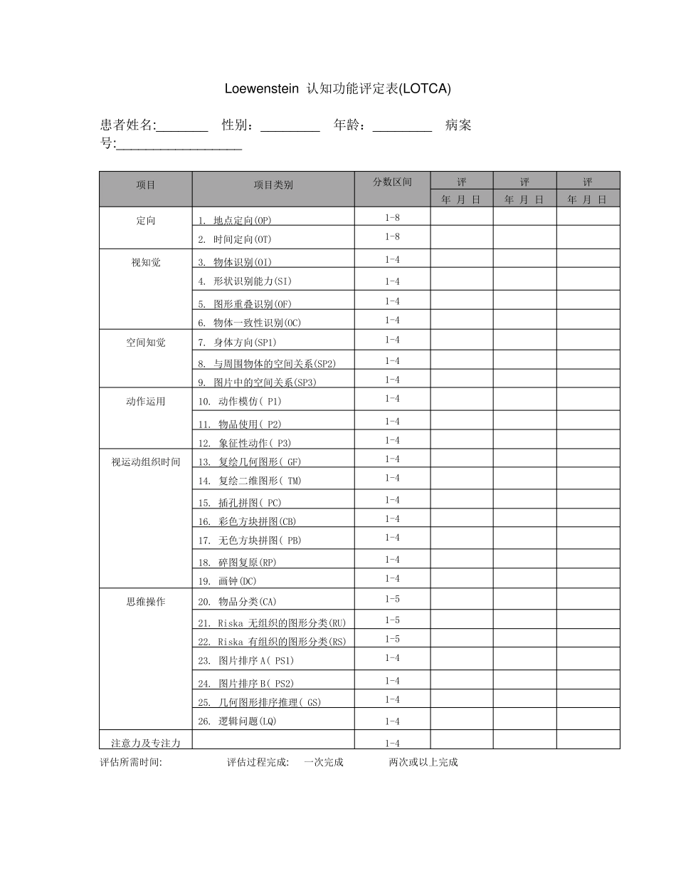 Loewenstein认知功能评定表(LOTCA)_第1页
