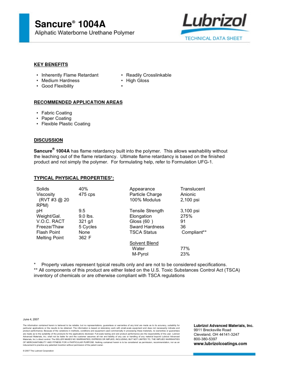 Lubrizol公司Sancure系列聚氨酯分散体技术数据表_第1页